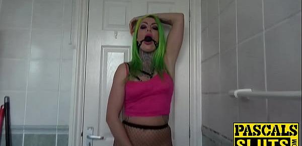  Gagged green haired British sub slut ass fucked from behind